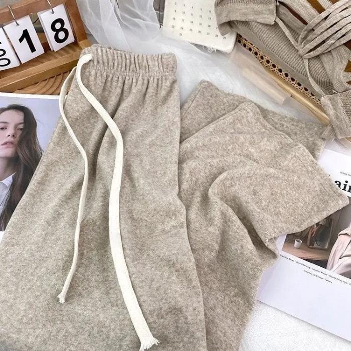 

Korean Style Women s Sticky Rice Super Soft Wide-Leg Floor-Length Pants - Autumn Winter Lace-up Casual Drape Straight Leg Trousers Size 1