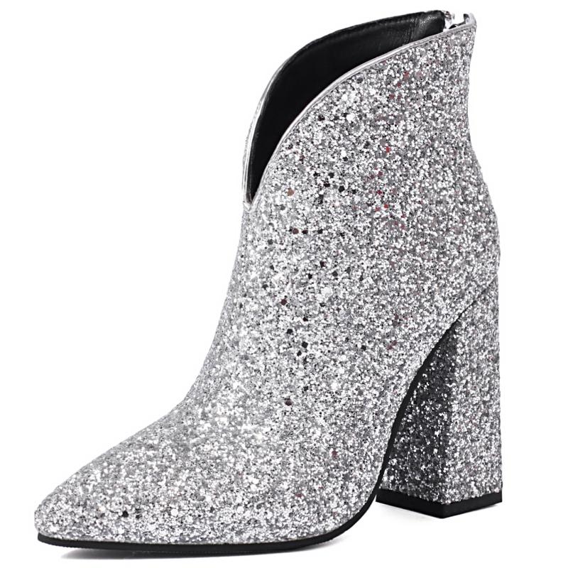 Fashion Sexy Ankle Boots Women Shoes New 2024 Luxury Sequined Gold Silver Heeled Short Boot Dance Party Wedding Shoes Lady Large Size 44