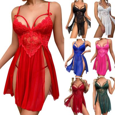 Lencería erótica para mujer, camisón sexy con abertura y costura de encaje, traje de ropa interior de dos piezas
