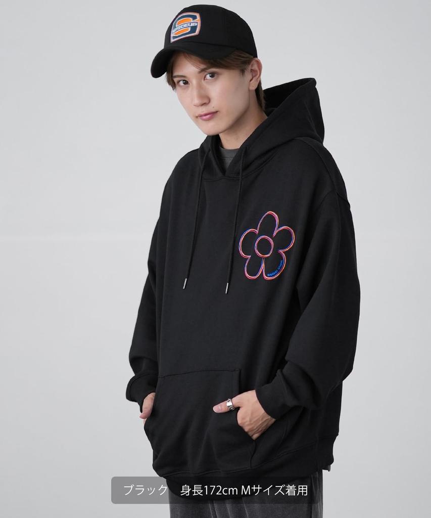 IMPROMES Hooded Sweatshirt [SIDEWAYSTANCE] Embroidered Flower Fleece Pullover Hoodie, Men's, Black