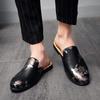 Large Size Flowers Leather Half Shoes for Men Black Mules Backless Loafers Slippers Semi-Drag Casual Shoes Slides Slip On Flats