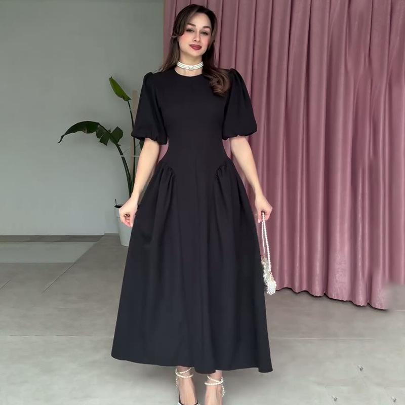2025 Summer Puff Sleeve Tie-Up Dress: Cute & Versatile Solid Color for Women