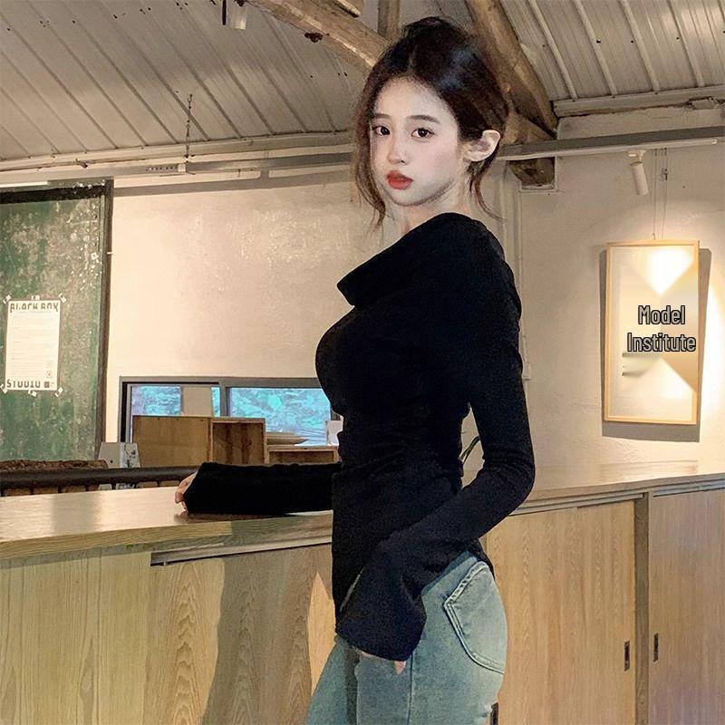 Korean Style One-Shoulder Sexy Autumn Slim-Fit Long Sleeve Top