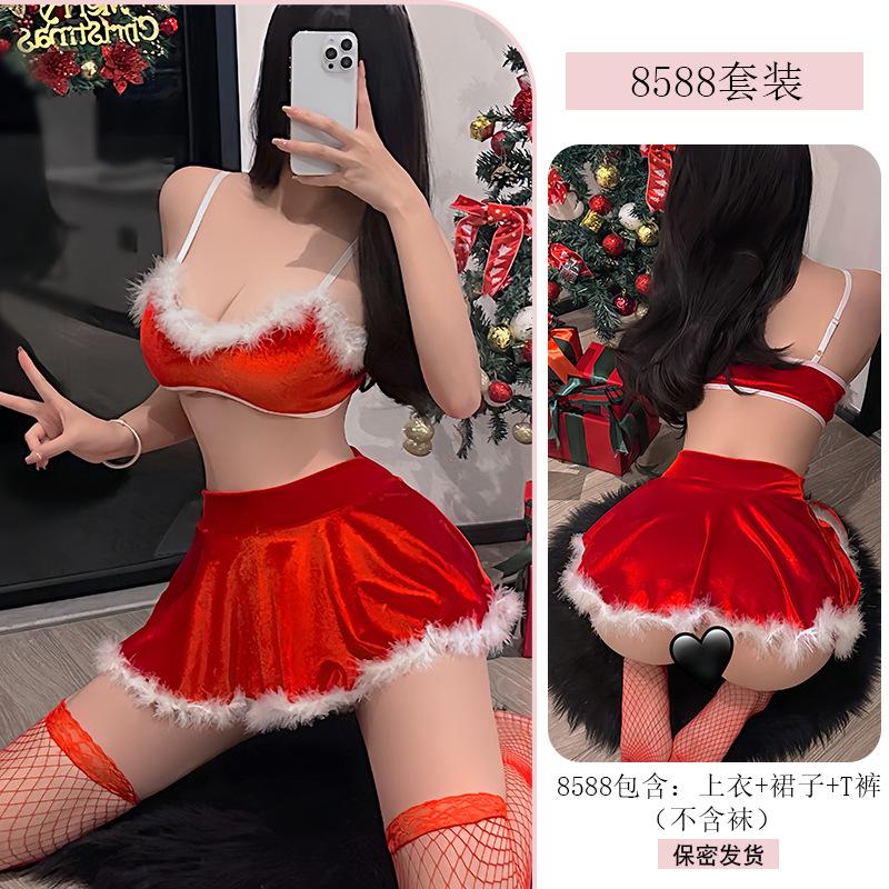 Erotic Underwear Sexy Christmas Outfit Hot Halter Mini Skirt Female Role-playing Uniform Seductive Set 8588