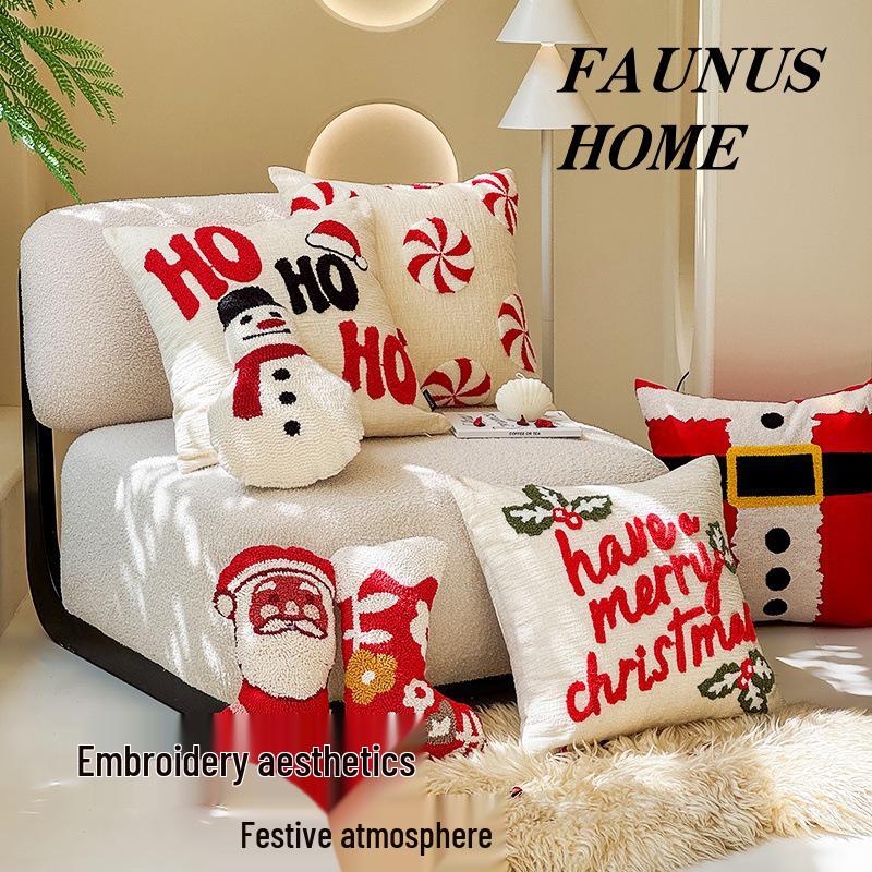 Christmas Embroidery Candy Cane & Santa Hat Tufted Throw Pillow Cover