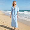 Completi estivi da donna a 2 pezzi con gonna, Top con maniche corte a sbuffo e allacciatura frontale, Gonna lunga a vita alta, Abiti casual per spiaggia e vacanze