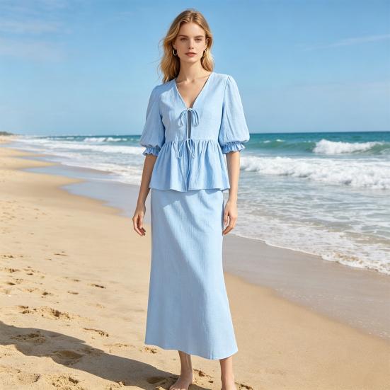 Completi estivi da donna a 2 pezzi con gonna, Top con maniche corte a sbuffo e allacciatura frontale, Gonna lunga a vita alta, Abiti casual per spiaggia e vacanze
