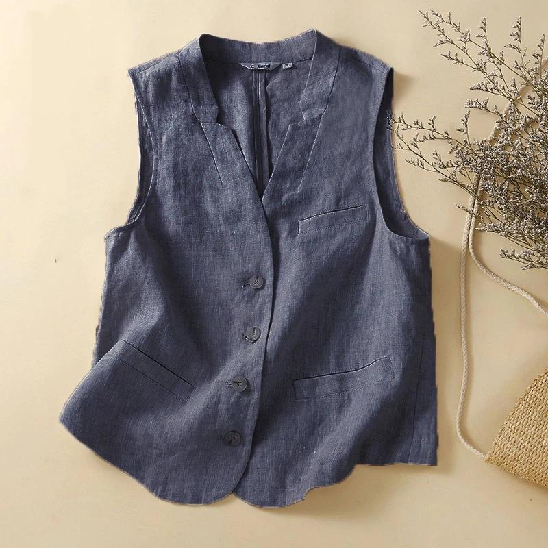 Women Linen Cotton Blend V Neck Button Front Vest With Pockets M