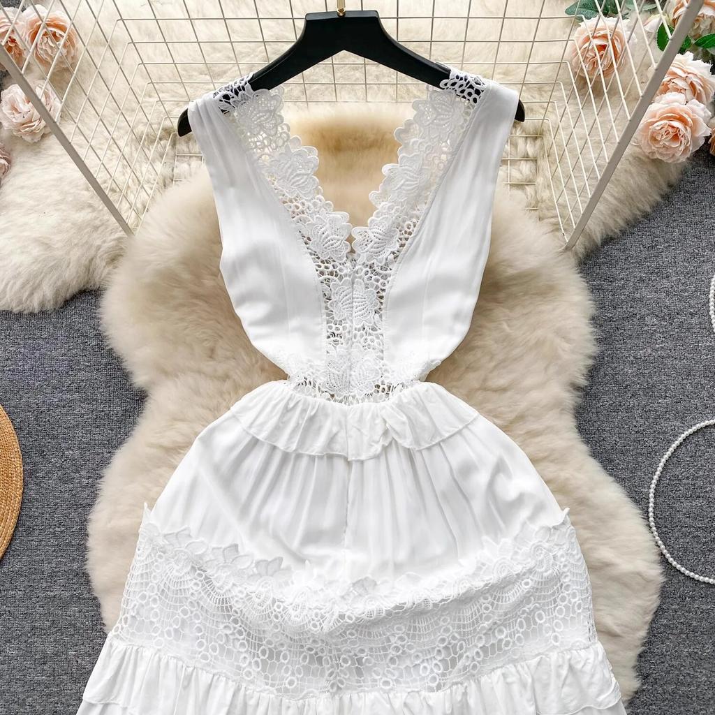 Summer Holiday Flower Embroidery Patchwork White Tank Long Maxi Dress Women's Sleeveless V Neck Lace Trims Hollow Out Beach Robe