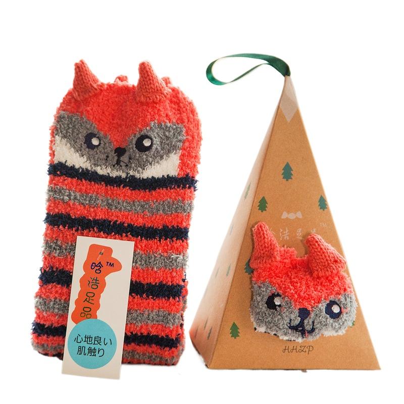 Cute Animal Design Deer Christmas socks Gift 3D Fluffy Coral Velvet Thick Warm Winter Sock For Women new Year gift Sox with Box