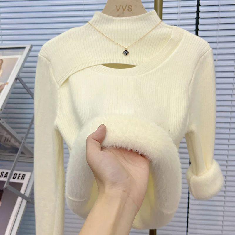 

Fleece thickened primer knitted sweater women s autumn and winter new inner German fleece sweater fleece warm top One size fits all [recommended 80-60kg]