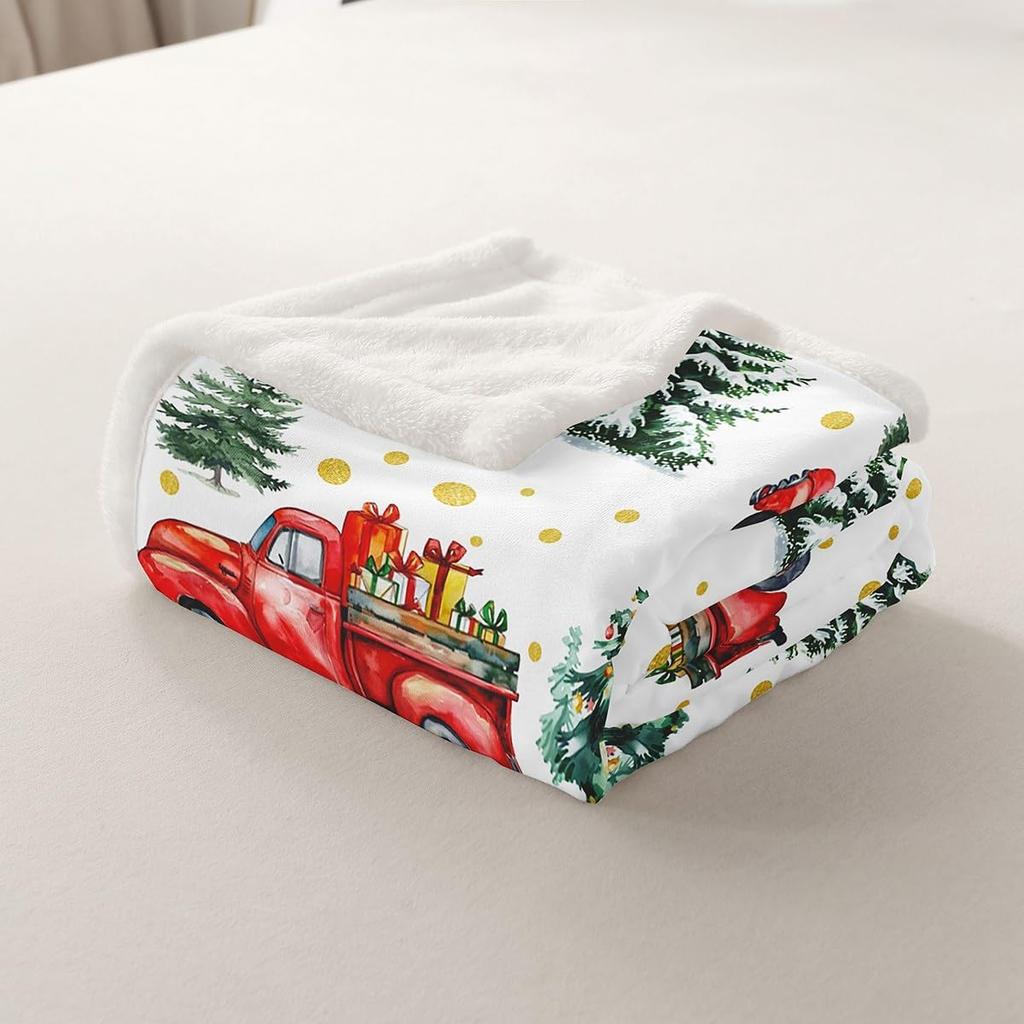 Christmas Throw Blanket Watercolor Red Truck Decor Fleece Blanket for Kids Teens Adults Green Xmas Trees Yellow Polka Dots Fuzzy