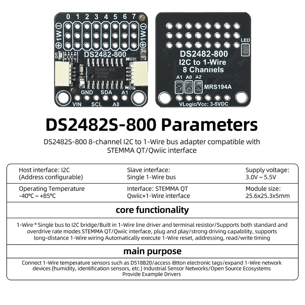 DS2482S 800 8 Channel I2C To 1 Wire Bus Adapter STEMMA QT Qwiic Interface Industrial Long Distance Wiring Sensor Driver Module