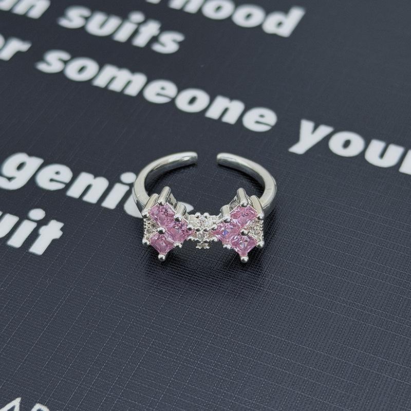 Süßer Mädchenstil Silber-Rosa Diamantenbesetzter Schatz Schleife Stern Krone Offener Ring Nische Stapelring Frau