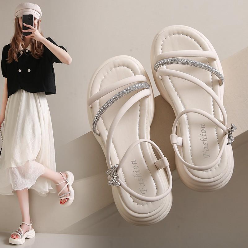 

Platform Sandals Women 2024 Summer New Fairy Wind Flat Versatile Rhinestones Women s Beach Muffin Roman Sandals 35