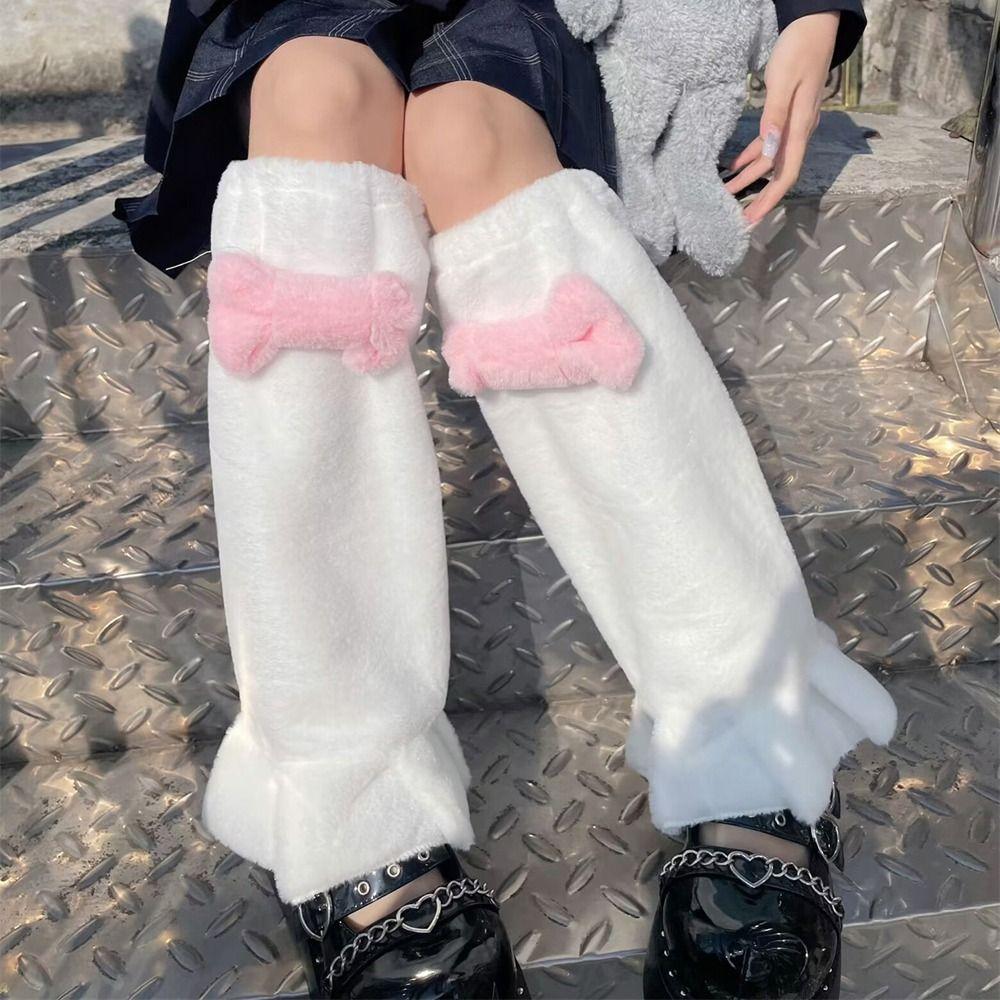 Plush Fur Leg Warmers Pink Bow Tie Leg Covers Kawaii Long Stockings  Japanese