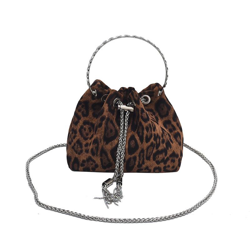 Leopard print fashion small bag spring new portable bucket bag retro chain oblique span bag