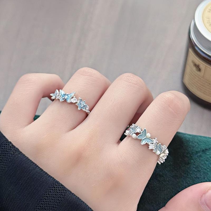 Star Flower Ring~ Blue Enamel Zircon Butterfly Flower Adjustable Opening Ring Women'S Niche Premium Ring