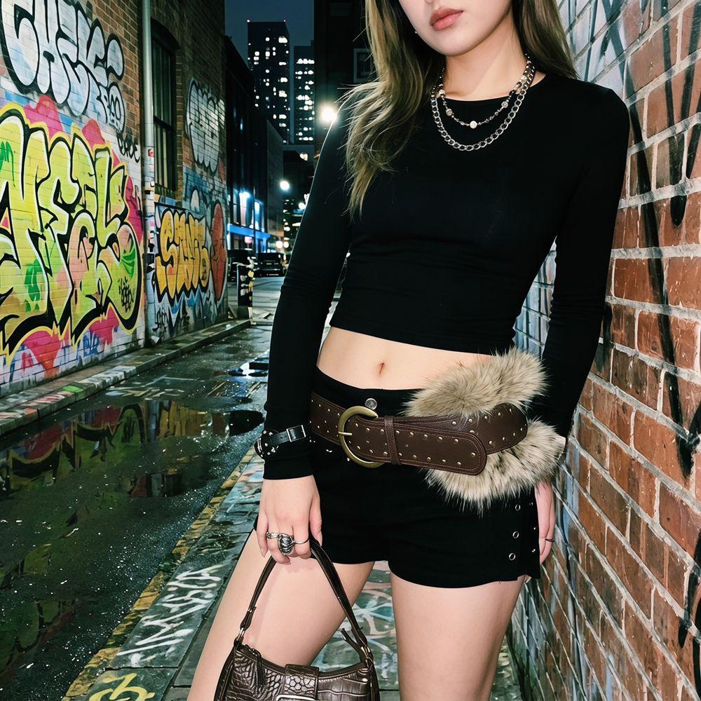 PU Leather Furry Waistband Rivet Y2K Waistband Simple Furry Fur Belt Daily