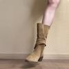 Suede pointed knight boots wasteland wind belt buckle thick heel short boots advanced sense thin two wear western boots