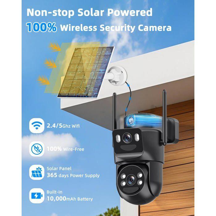 Caméra de Surveillance Extérieure WiFi 8MP 4K - Double Objectif, Vision Nocturne Couleur, Panneau Solaire, 360°, Audio…