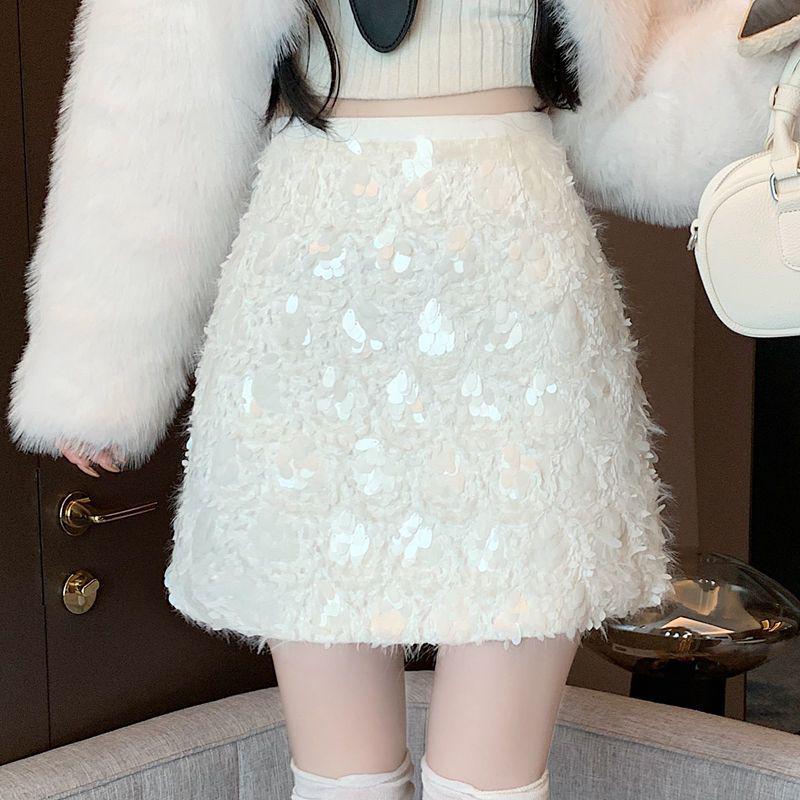 French Chic Sequined High-Waisted Slimming A-Line Skirt for Women - Autumn/Winter Hip-Hugging Short Skirt, Petite & Plus Sizes