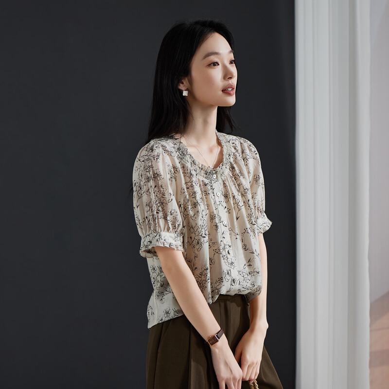SOFSIL 2026 Summer Retro Print Ruffle Neck Short Sleeve Blouse XL