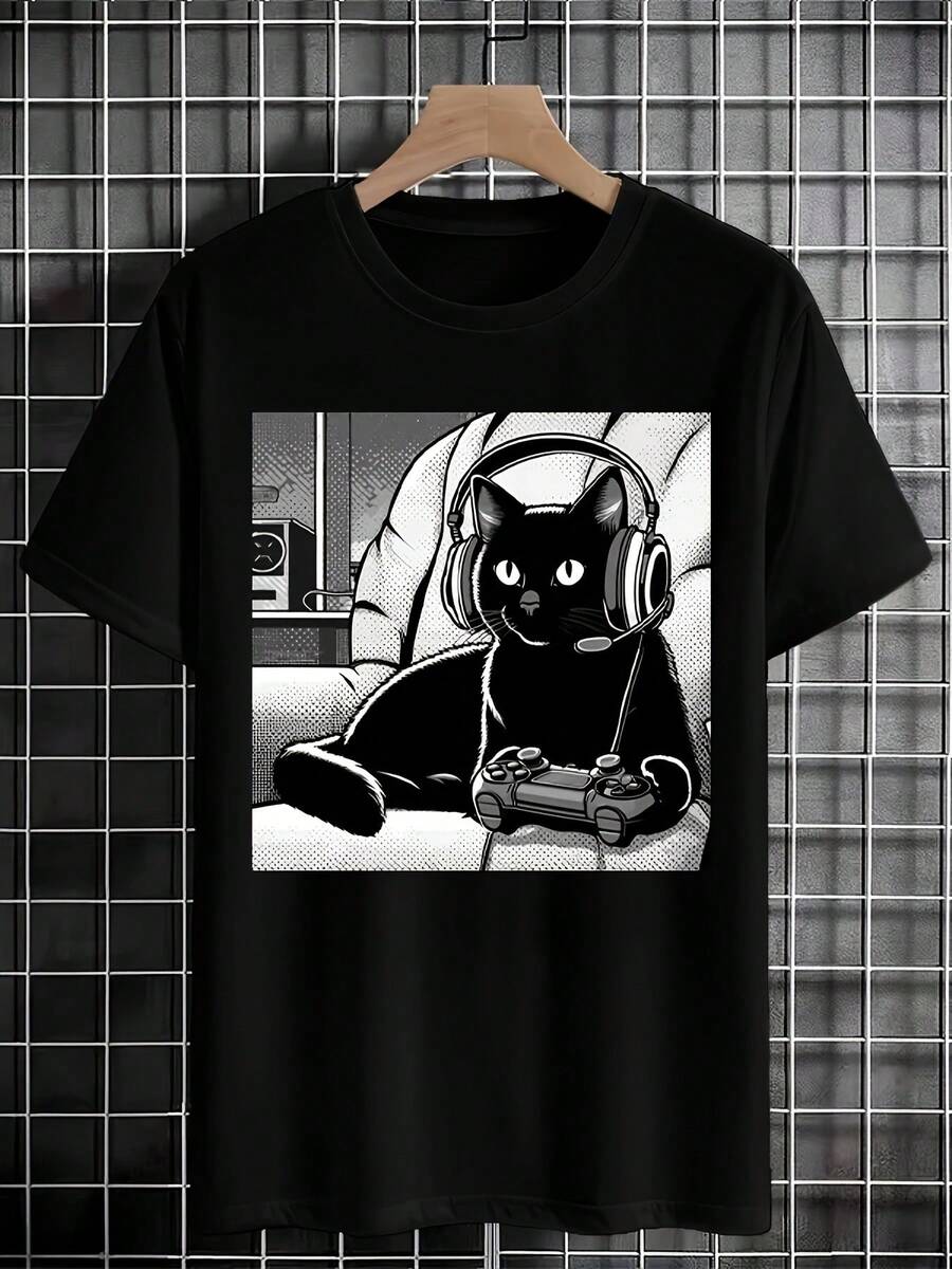 Relaxed Fit Black Casual Unisex s Cat Graphic T-Shirt L