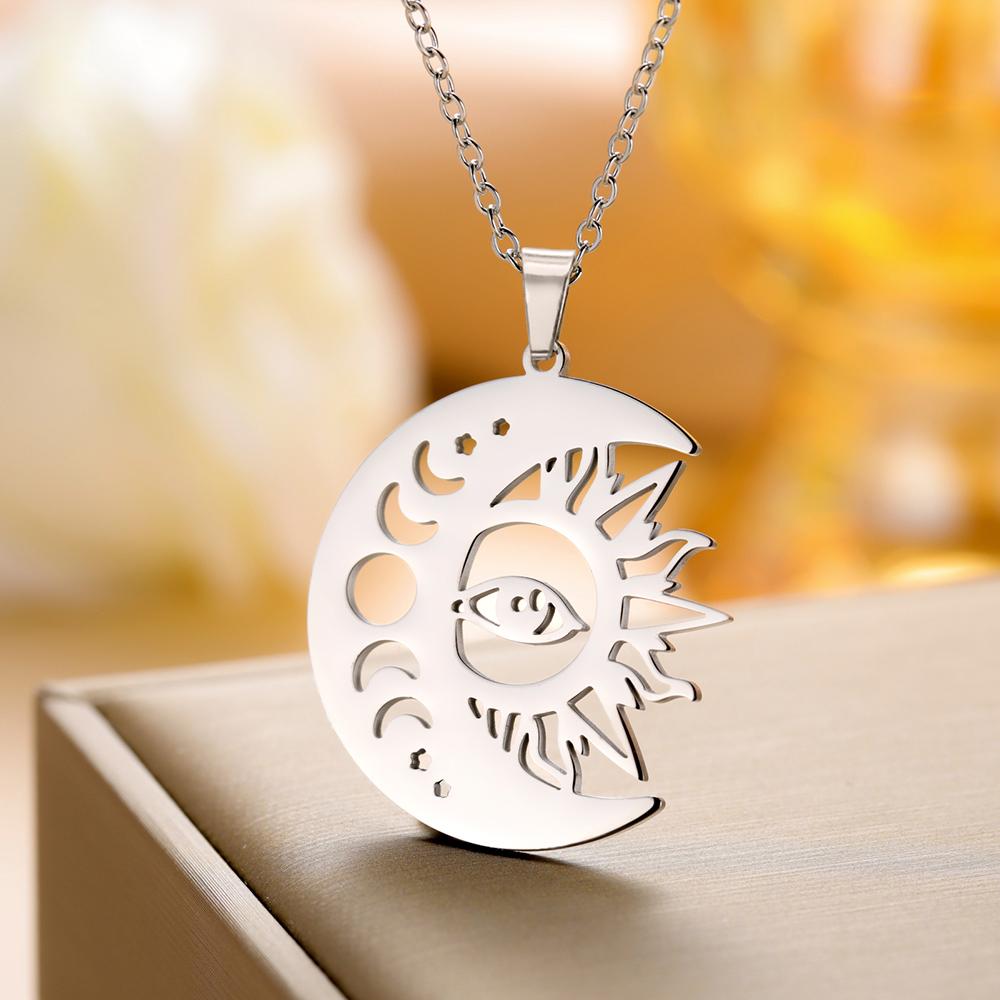 Dawapara Sun and Moon Phase Necklace Crescent Moon Pendant Stainless Steel Jewelry Valentine's Day Gift