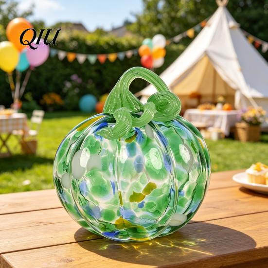 Fall Season Decoration Mini Hand Blown Glass Pumpkin Ornament, Collectible Thanksgiving Halloween Transparent Figurine Faux Crystal Hanging for Fall,
