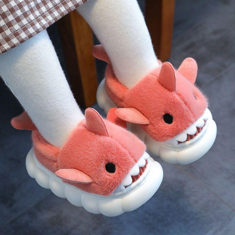 1 Pair Youngsters' Shark Plush Slippers - Soft Fleece-Lined Slip-On Indoor/Outdoor House Shoes with Cartoon Shark Design, Non-Slip PVC Sole