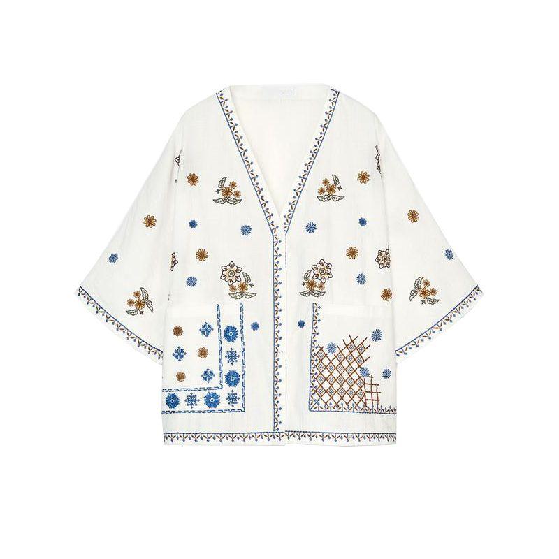 

Summer New Product Women s Clothes Casual Style V Neck Wide Sleeve over the Elbow Color Contrast Patchwork Embroider Decorative Shirt 5107063 Multicolor L