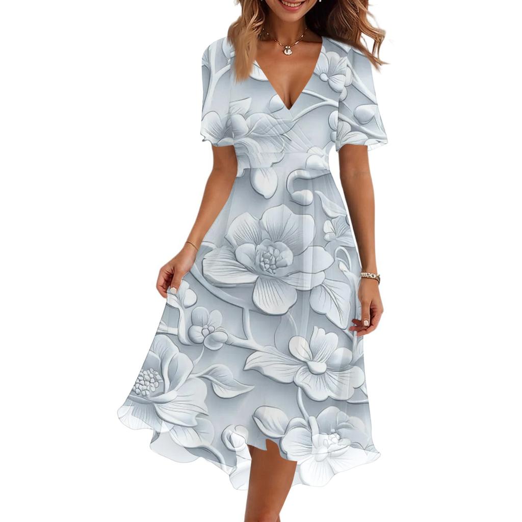Women's Fashion Casual V-Neck Short Sleeve Floral Print Dress