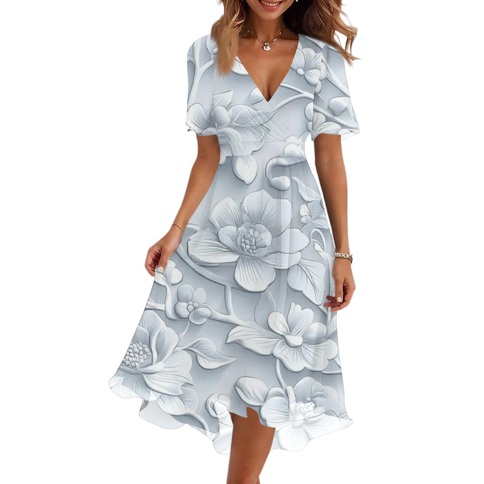 

Женское модное повседневное платье с V-образным вырезом, короткими рукавами и цветочным принтом XL белый