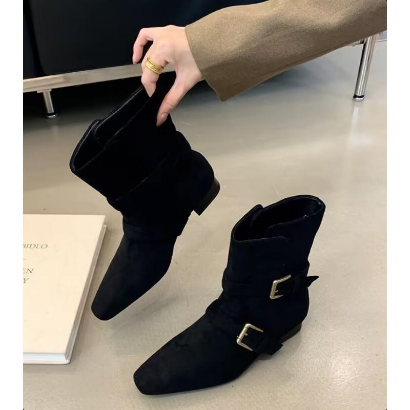 Fashion Pointed Toe Chunky Woman Ankle Boots Suede Fashion Designer Buckle Walking Shoes 2025 Trend Winter Retro Western Cowboy Booties