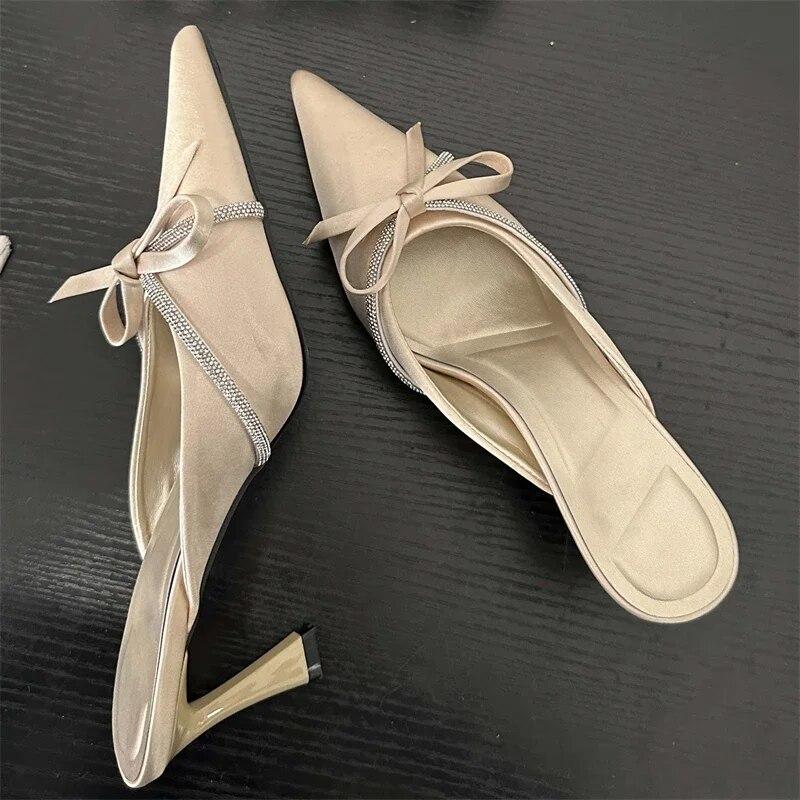 Eilyken Butterfly-knot Woman Slippers Pumps Design Style Low Heels Ladies Pointed Toe Shoes Mules Crystal Slides