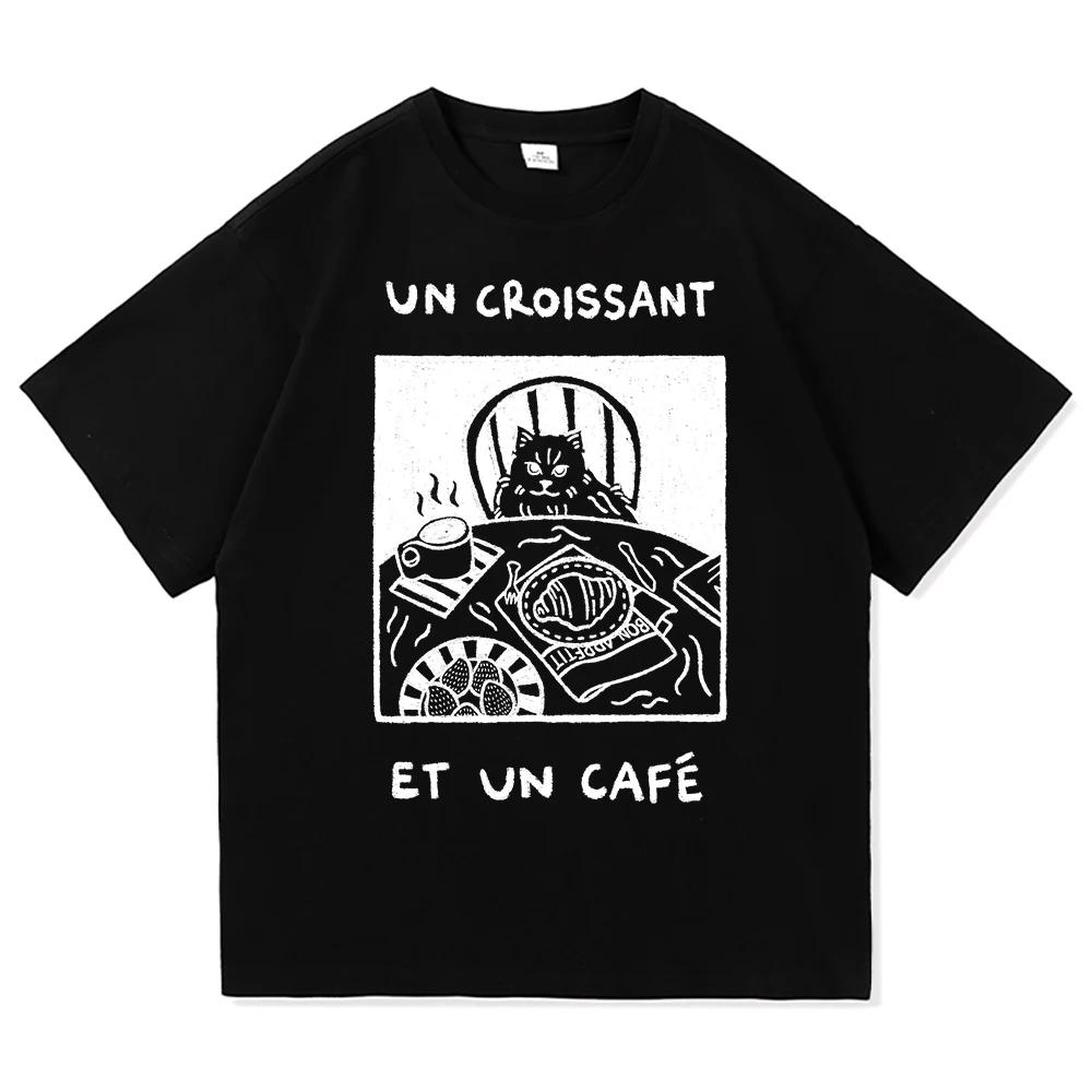 French Cafe Cat T Shirt Fashion Women Summer Funny Letter Un Croissant Et Un Cafe Tshirt High Quality Casual Cotton Tees Shirts