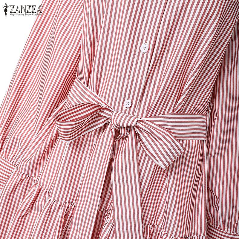 ZANZEA Women Casual Turn Down Collar Long Sleeve Loose Stripe Dress