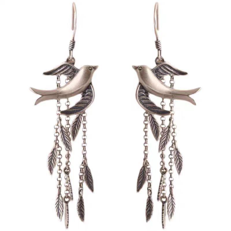 Swallow Willow Leaf Earrings High-End Tassel Long Earrings Women'S Literary Retro Temperament Earrings