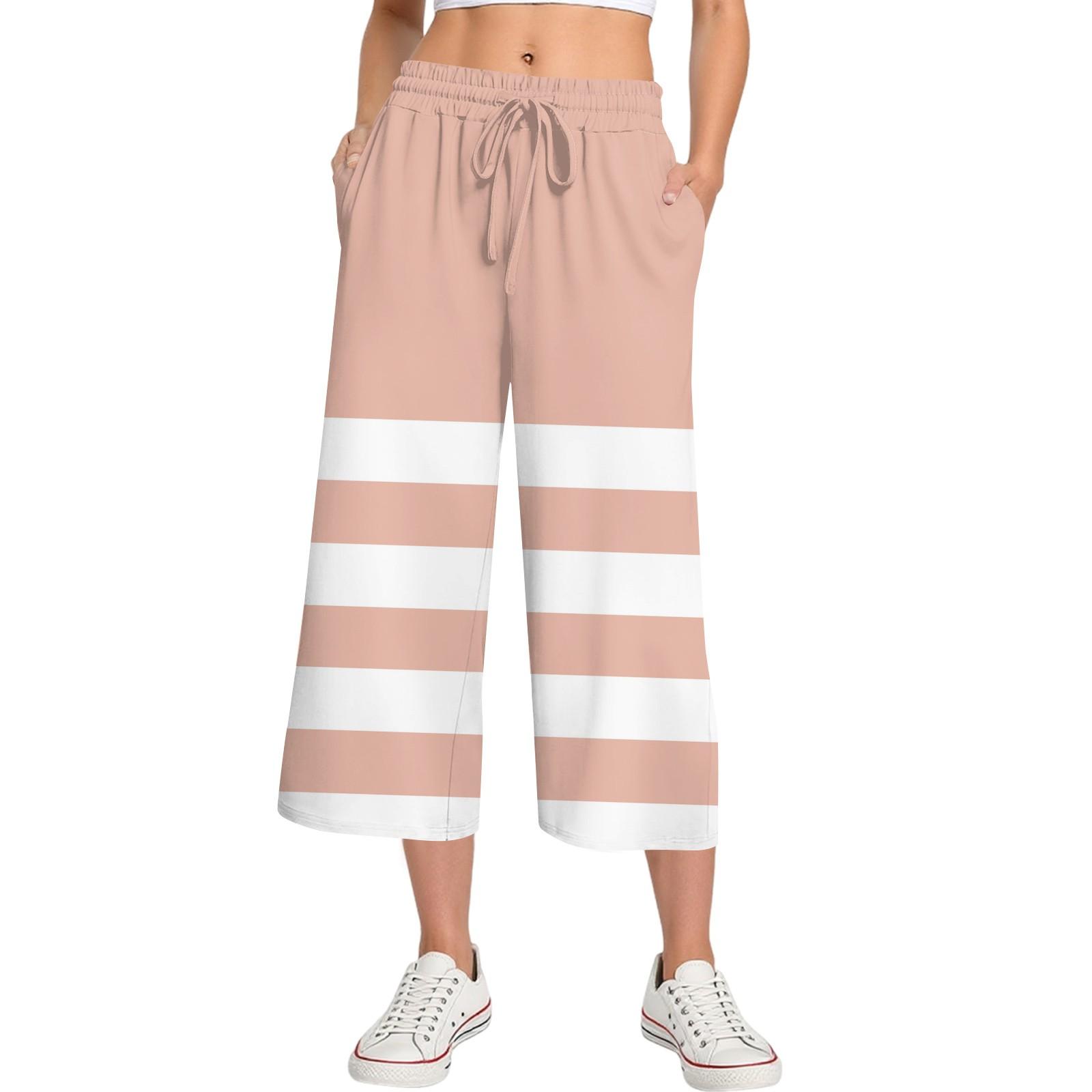 

Женские летние повседневные спортивные брюки с высокой талией и принтом, укороченные брюки свободного покроя M розовый