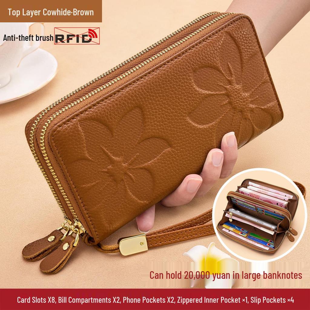 Damen Große Kapazität Rindsleder Litschi-Narben Doppelreißverschluss Clutch Geldbörse