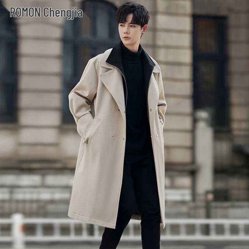 ROMON Men's Mid-length British Style Faux Two-piece Wool Blend Trench Coat