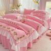INS Korean Embroidery Ruffles Lace Bed Skirt Bedding Set Princess Girls Duvet Cover Pillowcase Solid Color Quilt Over Decor Home