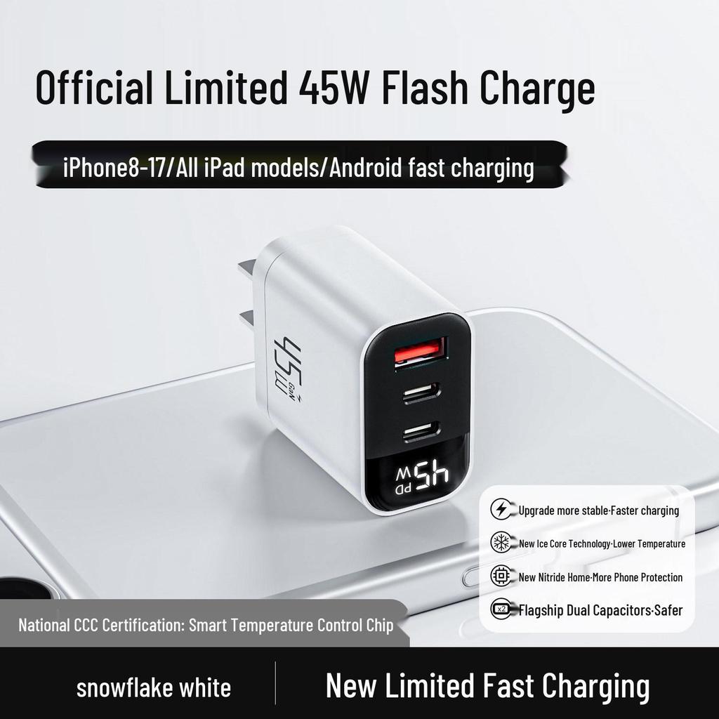 45W Gallium Nitride Fast Charger with Three Ports for iPhone 16 Pro Max