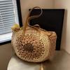 Large Capacity Round Women Fashion Straw Woven Shoulder Bag with Zipper Handmade Summer Beach Travel Holiday Women Tote Bags