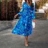 Autumn Winter Women Casual Dress Long Sleeve V Neck Print A Line Knee Length High Waist