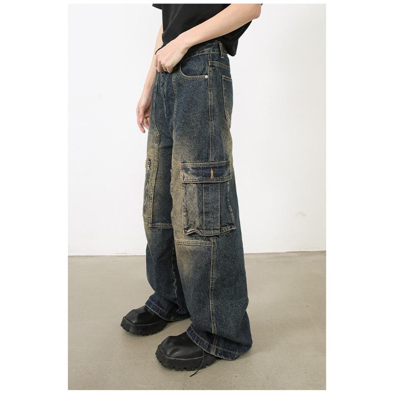 Long Trousers Versatile Washed Multi-pocket Design Sense of Work Jeans Men Senior Sense Pants