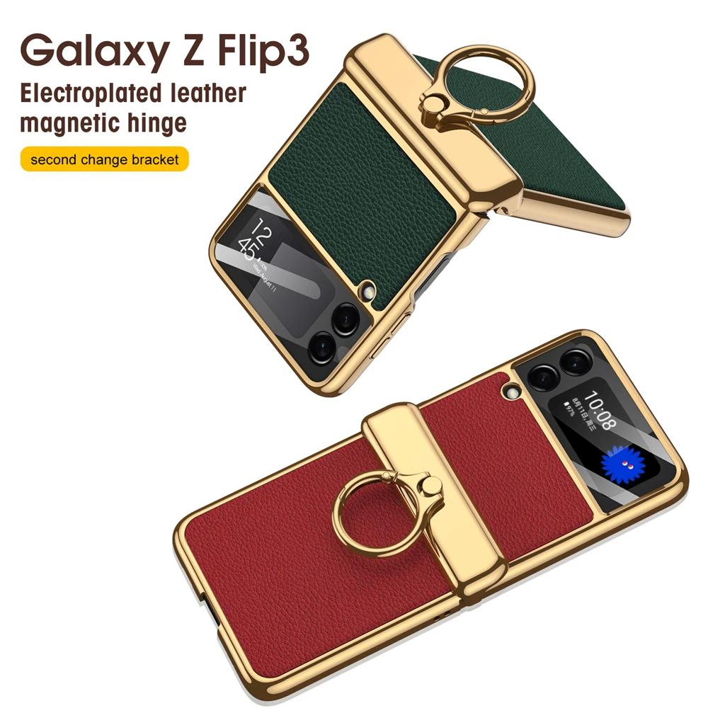 Pro Samsung Galaxy Z Flip 3 4 5 6 Pouzdro Ultratenká Ochrana Obrazovky Coque Fundas Luxusní Kůže s Kroužkem Pokovení Magnetický Kryt