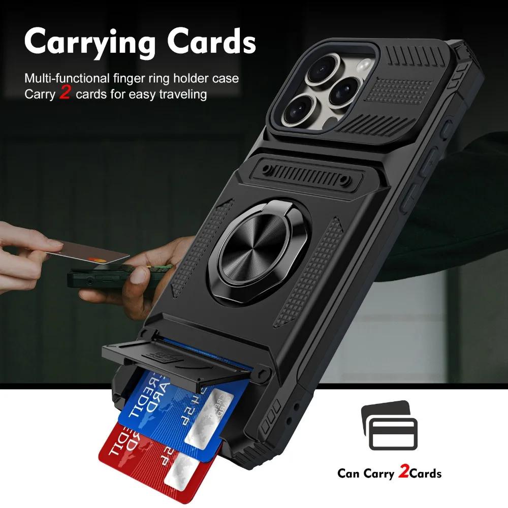 Phone Case For IPhone 13 14 15 16 Pro Max Plus Shockproof Heavy Duty Hard with Card Slot Magnetic Ring Holder Protective Cover