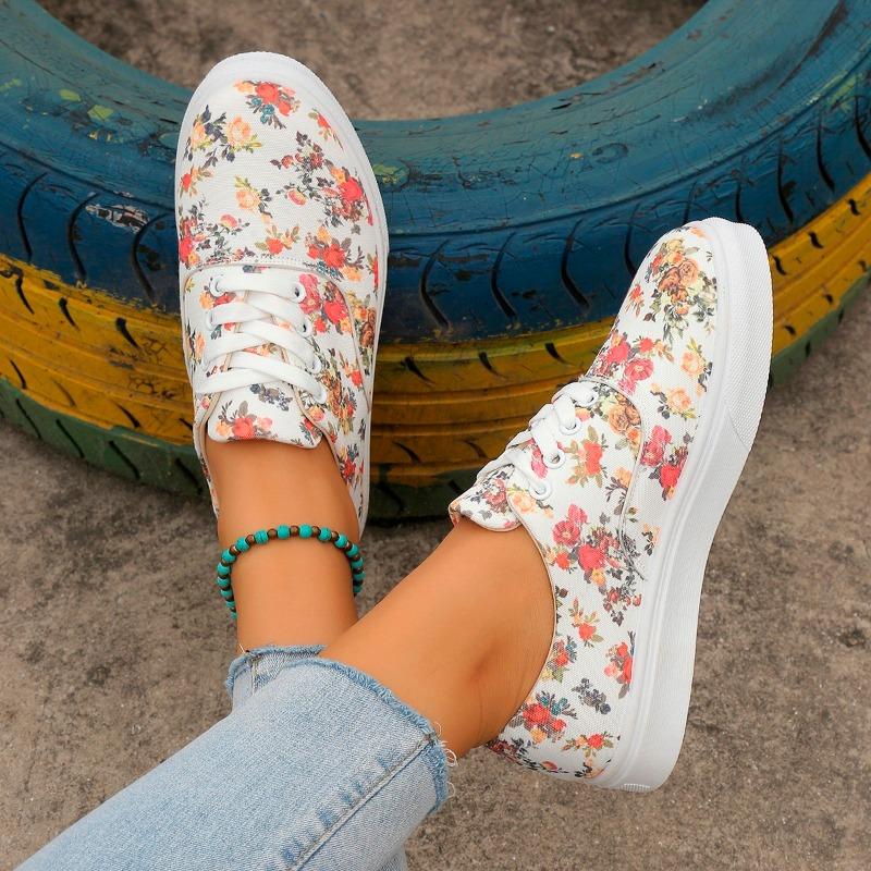 Sneakers Damskie Buty Sznurowane z Nadrukiem Kwiatowym Okrągły Nosek Damskie Płaskie Buty Pojedynczy But Sznurowane Casualowe Płaskie Sneakersy
